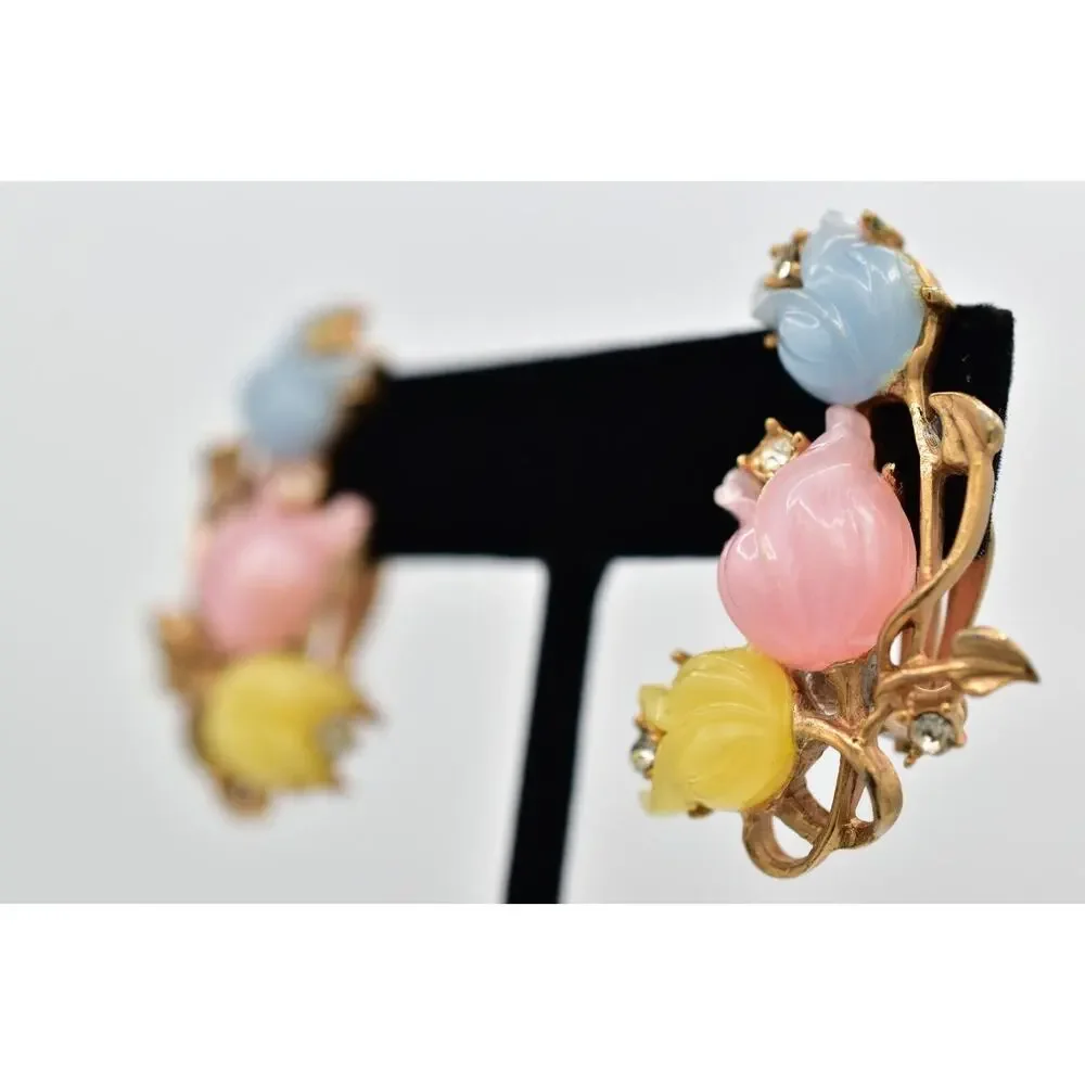 Vintage Flower Clip On Earrings Pastel Pink Yellow Blue Tulip Gold 1960s BinBK
